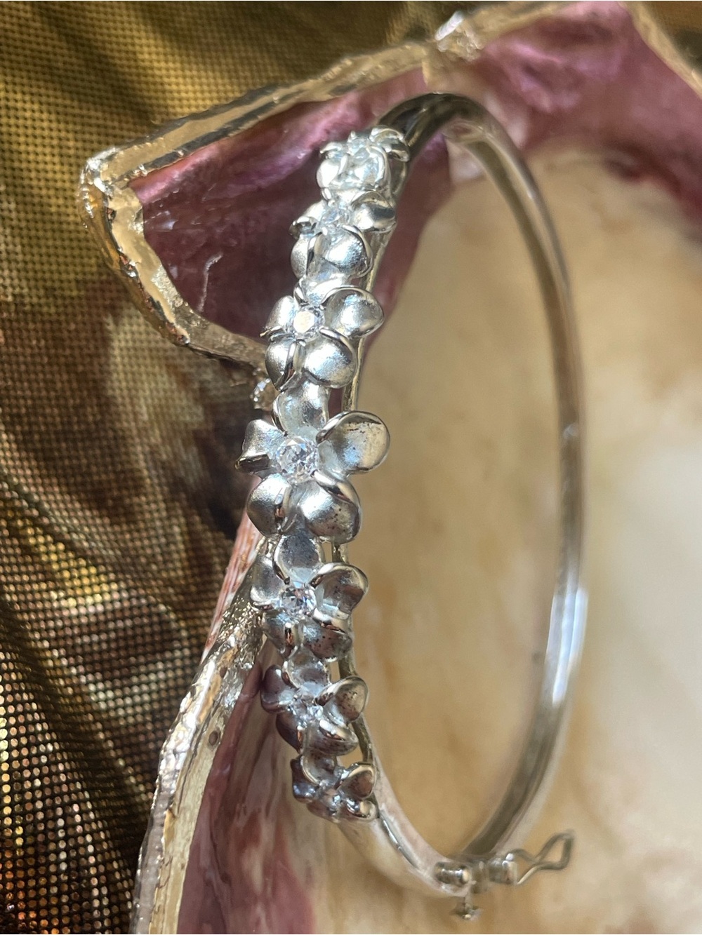 925 Sterling Silver Floral Hinged Bracelet With Clear Accent Stones
